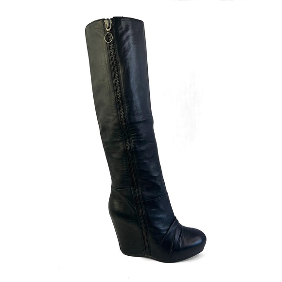 Ash Shoes - ASH BLACK OVER THE KNEE BOOTS LEATHER BLACK BOOTS WEDGES TALL BOOTS WOMEN 38